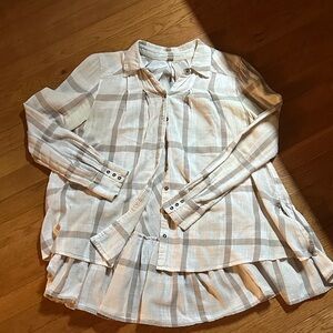 Free People Plaid Button Down Shirt - Cream and Tan